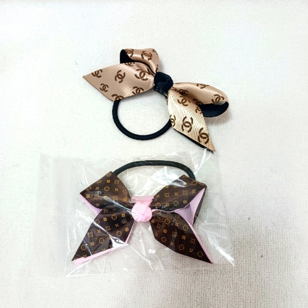 2 Fashion Hair Bands BOWS Monogram Ponytail Holder Ribbon BROWN BEIGE Brand New